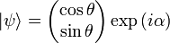 |\psi \rangle ={\begin{pmatrix}\cos \theta \\\sin \theta \end{pmatrix}}\exp \left(i\alpha \right)