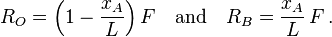 R_{O}=\left(1-{\frac  {x_{A}}{L}}\right)F\quad {\text{and}}\quad R_{B}={\frac  {x_{A}}{L}}\,F\,.