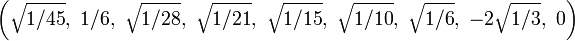 \left({\sqrt  {1/45}},\ 1/6,\ {\sqrt  {1/28}},\ {\sqrt  {1/21}},\ {\sqrt  {1/15}},\ {\sqrt  {1/10}},\ {\sqrt  {1/6}},\ -2{\sqrt  {1/3}},\ 0\right)