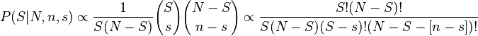 P(S|N,n,s)\propto {1 \over S(N-S)}{S \choose s}{N-S \choose n-s}\propto {S!(N-S)! \over S(N-S)(S-s)!(N-S-[n-s])!}