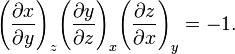 {\left({\frac  {\partial x}{\partial y}}\right)}_{z}{\left({\frac  {\partial y}{\partial z}}\right)}_{x}{\left({\frac  {\partial z}{\partial x}}\right)}_{y}=-1.