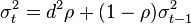 \sigma _{t}^{2}=d^{2}\rho +(1-\rho )\sigma _{{t-1}}^{2}