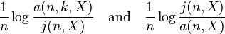 {\frac  1n}\log {\frac  {a(n,k,X)}{j(n,X)}}\quad {\text{and}}\quad {\frac  {1}{n}}\log {\frac  {j(n,X)}{a(n,X)}}