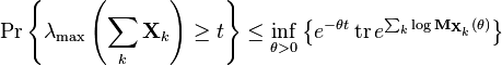 \Pr \left\{\lambda _{\max }\left(\sum _{k}{\mathbf  {X}}_{k}\right)\geq t\right\}\leq \inf _{{\theta >0}}\left\{e^{{-\theta t}}\operatorname {tr}e^{{\sum _{k}\log {\mathbf  {M}}_{{{\mathbf  {X}}_{k}}}(\theta )}}\right\}