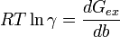 RT\ln \gamma ={\frac  {dG_{{ex}}}{db}}