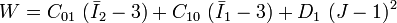 W=C_{{01}}~({\bar  {I}}_{2}-3)+C_{{10}}~({\bar  {I}}_{1}-3)+D_{1}~(J-1)^{2}