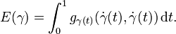 E(\gamma )=\int _{0}^{1}g_{{\gamma (t)}}({\dot  \gamma }(t),{\dot  \gamma }(t))\,{\mathrm  {d}}t.