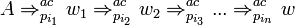 A\Rightarrow _{{p_{{i_{1}}}}}^{{ac}}w_{1}\Rightarrow _{{p_{{i_{2}}}}}^{{ac}}w_{2}\Rightarrow _{{p_{{i_{3}}}}}^{{ac}}...\Rightarrow _{{p_{{i_{n}}}}}^{{ac}}w