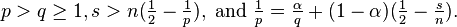 p>q\geq 1,s>n({\tfrac  {1}{2}}-{\tfrac  {1}{p}}),{\text{ and }}{\tfrac  {1}{p}}={\tfrac  {\alpha }{q}}+(1-\alpha )({\tfrac  {1}{2}}-{\tfrac  {s}{n}}).