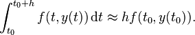 \int _{{t_{0}}}^{{t_{0}+h}}f(t,y(t))\,{\mathrm  {d}}t\approx hf(t_{0},y(t_{0})).