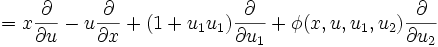 =x{\frac  {\partial }{\partial u}}-u{\frac  {\partial }{\partial x}}+(1+u_{{1}}u_{{1}}){\frac  {\partial }{\partial u_{{1}}}}+\phi (x,u,u_{{1}},u_{{2}}){\frac  {\partial }{\partial u_{{2}}}}\,