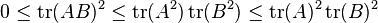 0\leq \operatorname {tr}(AB)^{2}\leq \operatorname {tr}(A^{2})\operatorname {tr}(B^{2})\leq \operatorname {tr}(A)^{2}\operatorname {tr}(B)^{2}