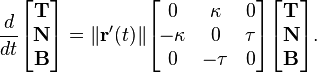 {\frac  {d}{dt}}{\begin{bmatrix}{\mathbf  {T}}\\{\mathbf  {N}}\\{\mathbf  {B}}\end{bmatrix}}=\|{\mathbf  {r}}'(t)\|{\begin{bmatrix}0&\kappa &0\\-\kappa &0&\tau \\0&-\tau &0\end{bmatrix}}{\begin{bmatrix}{\mathbf  {T}}\\{\mathbf  {N}}\\{\mathbf  {B}}\end{bmatrix}}.