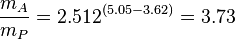 {\frac  {m_{A}}{m_{P}}}=2.512^{{(5.05-3.62)}}=3.73