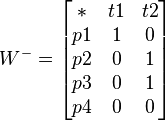 W^{{-}}={\begin{bmatrix}*&t1&t2\\p1&1&0\\p2&0&1\\p3&0&1\\p4&0&0\end{bmatrix}}