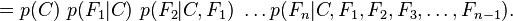 =p(C)\ p(F_{1}\vert C)\ p(F_{2}\vert C,F_{1})\ \dots p(F_{n}\vert C,F_{1},F_{2},F_{3},\dots ,F_{{n-1}}).