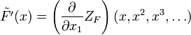 {\tilde  {F'}}(x)=\left({\frac  {\partial }{\partial x_{1}}}Z_{F}\right)(x,x^{2},x^{3},\dots )