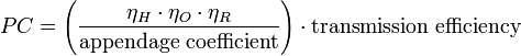 PC=\left({\frac  {\eta _{H}\cdot \eta _{O}\cdot \eta _{R}}{{\mbox{appendage coefficient}}}}\right)\cdot {\mbox{transmission efficiency}}