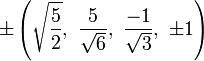 \pm \left({\sqrt  {{\frac  {5}{2}}}},\ {\frac  {5}{{\sqrt  {6}}}},\ {\frac  {-1}{{\sqrt  {3}}}},\ \pm 1\right)