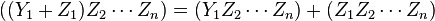 ((Y_{1}+Z_{1})Z_{2}\cdots Z_{n})=(Y_{1}Z_{2}\cdots Z_{n})+(Z_{1}Z_{2}\cdots Z_{n})