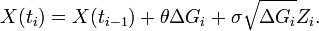 X(t_{i})=X(t_{{i-1}})+\theta \Delta G_{i}+\sigma {\sqrt  {\Delta G_{i}}}Z_{i}.