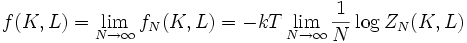 f(K,L)=\lim _{{N\rightarrow \infty }}f_{N}(K,L)=-kT\lim _{{N\rightarrow \infty }}{\frac  {1}{N}}\log Z_{N}(K,L)