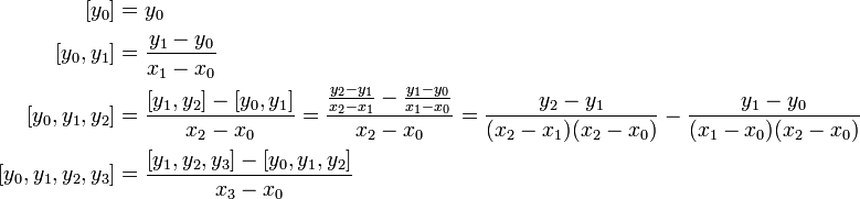 {\begin{aligned}{\mathopen  [}y_{0}]&=y_{0}\\{\mathopen  [}y_{0},y_{1}]&={\frac  {y_{1}-y_{0}}{x_{1}-x_{0}}}\\{\mathopen  [}y_{0},y_{1},y_{2}]&={\frac  {{\mathopen  [}y_{1},y_{2}]-{\mathopen  [}y_{0},y_{1}]}{x_{2}-x_{0}}}={\frac  {{\frac  {y_{2}-y_{1}}{x_{2}-x_{1}}}-{\frac  {y_{1}-y_{0}}{x_{1}-x_{0}}}}{x_{2}-x_{0}}}={\frac  {y_{2}-y_{1}}{(x_{2}-x_{1})(x_{2}-x_{0})}}-{\frac  {y_{1}-y_{0}}{(x_{1}-x_{0})(x_{2}-x_{0})}}\\{\mathopen  [}y_{0},y_{1},y_{2},y_{3}]&={\frac  {{\mathopen  [}y_{1},y_{2},y_{3}]-{\mathopen  [}y_{0},y_{1},y_{2}]}{x_{3}-x_{0}}}\end{aligned}}