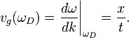 v_{g}(\omega _{D})=\left.{\frac  {d\omega }{dk}}\right|_{{\omega _{D}}}={\frac  {x}{t}}.