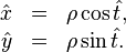 {\begin{array}{rcl}{\hat  {x}}&=&\rho \cos {\hat  {t}},\\{\hat  {y}}&=&\rho \sin {\hat  {t}}.\end{array}}