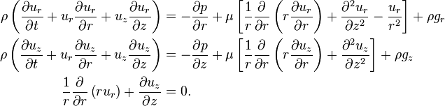 {\begin{aligned}\rho \left({\frac  {\partial u_{r}}{\partial t}}+u_{r}{\frac  {\partial u_{r}}{\partial r}}+u_{z}{\frac  {\partial u_{r}}{\partial z}}\right)&=-{\frac  {\partial p}{\partial r}}+\mu \left[{\frac  {1}{r}}{\frac  {\partial }{\partial r}}\left(r{\frac  {\partial u_{r}}{\partial r}}\right)+{\frac  {\partial ^{2}u_{r}}{\partial z^{2}}}-{\frac  {u_{r}}{r^{2}}}\right]+\rho g_{r}\\\rho \left({\frac  {\partial u_{z}}{\partial t}}+u_{r}{\frac  {\partial u_{z}}{\partial r}}+u_{z}{\frac  {\partial u_{z}}{\partial z}}\right)&=-{\frac  {\partial p}{\partial z}}+\mu \left[{\frac  {1}{r}}{\frac  {\partial }{\partial r}}\left(r{\frac  {\partial u_{z}}{\partial r}}\right)+{\frac  {\partial ^{2}u_{z}}{\partial z^{2}}}\right]+\rho g_{z}\\{\frac  {1}{r}}{\frac  {\partial }{\partial r}}\left(ru_{r}\right)+{\frac  {\partial u_{z}}{\partial z}}&=0.\end{aligned}}