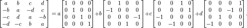 {\begin{bmatrix}a&b&c&d\\-b&a&-d&c\\-c&d&a&-b\\-d&-c&b&a\end{bmatrix}}=a{\begin{bmatrix}1&0&0&0\\0&1&0&0\\0&0&1&0\\0&0&0&1\end{bmatrix}}+b{\begin{bmatrix}0&1&0&0\\-1&0&0&0\\0&0&0&-1\\0&0&1&0\end{bmatrix}}+c{\begin{bmatrix}0&0&1&0\\0&0&0&1\\-1&0&0&0\\0&-1&0&0\end{bmatrix}}+d{\begin{bmatrix}0&0&0&1\\0&0&-1&0\\0&1&0&0\\-1&0&0&0\end{bmatrix}}.