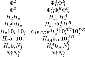 {\begin{matrix}\Phi ^{2}&\Phi _{B}^{A}\Phi _{A}^{B}\\\Phi ^{3}&\Phi _{B}^{A}\Phi _{C}^{B}\Phi _{A}^{C}\\H_{d}H_{u}&{H_{d}}_{A}H_{u}^{A}\\H_{d}\Phi H_{u}&{H_{d}}_{A}\Phi _{B}^{A}H_{u}^{B}\\H_{u}{\mathbf  {10}}_{i}\;{\mathbf  {10}}_{j}&\epsilon _{{ABCDE}}H_{u}^{A}{\mathbf  {10}}_{i}^{{BC}}{\mathbf  {10}}_{j}^{{DE}}\\H_{d}{\mathbf  {{\bar  {5}}}}_{i}\;{\mathbf  {10}}_{j}&{H_{d}}_{A}{\mathbf  {{\bar  {5}}}}_{{Bi}}{\mathbf  {10}}_{{j}}^{{AB}}\\H_{u}{\mathbf  {{\bar  {5}}}}_{i}N_{j}^{c}&H_{u}^{A}{\mathbf  {{\bar  {5}}}}_{{Ai}}N_{j}^{c}\\N_{i}^{c}N_{j}^{c}&N_{i}^{c}N_{j}^{c}\\\end{matrix}}