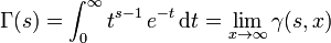 \Gamma (s)=\int _{0}^{\infty }t^{{s-1}}\,e^{{-t}}\,{{\rm {d}}}t=\lim _{{x\rightarrow \infty }}\gamma (s,x)