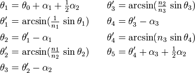 {\begin{aligned}\theta _{1}&=\theta _{0}+\alpha _{1}+{\tfrac  {1}{2}}\alpha _{2}&\theta '_{3}&=\arcsin({\tfrac  {n_{2}}{n_{3}}}\,\sin \theta _{3})\\\theta '_{1}&=\arcsin({\tfrac  {1}{n_{1}}}\,\sin \theta _{1})\quad &\theta _{4}&=\theta '_{3}-\alpha _{3}\\\theta _{2}&=\theta '_{1}-\alpha _{1}&\theta '_{4}&=\arcsin(n_{3}\,\sin \theta _{4})\\\theta '_{2}&=\arcsin({\tfrac  {n_{1}}{n_{2}}}\,\sin \theta _{2})&\theta _{5}&=\theta '_{4}+\alpha _{3}+{\tfrac  {1}{2}}\alpha _{2}\\\theta _{3}&=\theta '_{2}-\alpha _{2}\end{aligned}}