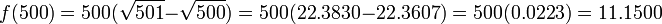 f(500)=500({\sqrt  {501}}-{\sqrt  {500}})=500(22.3830-22.3607)=500(0.0223)=11.1500