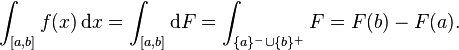 \int _{{[a,b]}}f(x)\,{\mathrm  {d}}x=\int _{{[a,b]}}{\mathrm  {d}}F=\int _{{\{a\}^{-}\cup \{b\}^{+}}}F=F(b)-F(a).