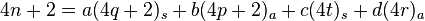 4n+2=a(4q+2)_{s}+b(4p+2)_{a}+c(4t)_{s}+d(4r)_{a}