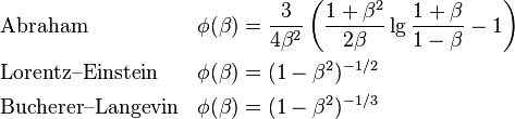 {\begin{aligned}&{\text{Abraham}}&\phi (\beta )&={\frac  {3}{4\beta ^{{2}}}}\left({\frac  {1+\beta ^{{2}}}{2\beta }}\lg {\frac  {1+\beta }{1-\beta }}-1\right)\\&{\text{Lorentz--Einstein}}&\phi (\beta )&=(1-\beta ^{{2}})^{{-1/2}}\\&{\text{Bucherer--Langevin}}&\phi (\beta )&=(1-\beta ^{{2}})^{{-1/3}}\end{aligned}}