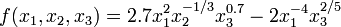 f(x_{1},x_{2},x_{3})=2.7x_{1}^{2}x_{2}^{{-1/3}}x_{3}^{{0.7}}-2x_{1}^{{-4}}x_{3}^{{2/5}}