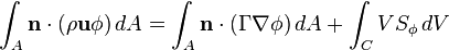 \int _{A}{\mathbf  {n}}\cdot (\rho {\mathbf  {u}}\phi )\,dA=\int _{A}{\mathbf  {n}}\cdot (\Gamma \nabla \phi )\,dA+\int _{C}VS_{\phi }\,dV