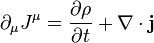 \partial _{\mu }J^{\mu }={\frac  {\partial \rho }{\partial t}}+\nabla \cdot {\mathbf  {j}}