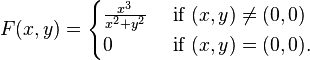 F(x,y)={\begin{cases}{\frac  {x^{3}}{x^{2}+y^{2}}}&{\mbox{ if }}(x,y)\neq (0,0)\\0&{\mbox{ if }}(x,y)=(0,0).\end{cases}}