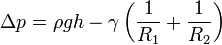 \Delta p=\rho gh-\gamma \left({\frac  {1}{R_{1}}}+{\frac  {1}{R_{2}}}\right)