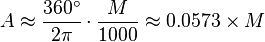 A\approx {360^{{\circ }} \over 2\pi }\cdot {M \over 1000}\approx 0.0573\times M