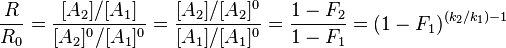 {R \over R_{0}}={{\frac  {[A_{2}]/[A_{1}]}{[A_{2}]^{0}/[A_{1}]^{0}}}}={{\frac  {[A_{2}]/[A_{2}]^{0}}{[A_{1}]/[A_{1}]^{0}}}}={\frac  {1-F_{2}}{1-F_{1}}}=(1-F_{1})^{{(k_{2}/k_{1})-1}}