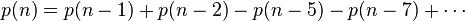 p(n)=p(n-1)+p(n-2)-p(n-5)-p(n-7)+\cdots 