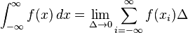 \int _{{-\infty }}^{{\infty }}f(x)\,dx=\lim _{{\Delta \to 0}}\sum _{{i=-\infty }}^{{\infty }}f(x_{i})\Delta 