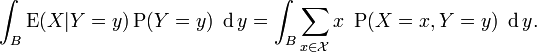 \int _{B}\operatorname {E}(X|Y=y)\operatorname {P}(Y=y)\ \operatorname {d}y=\int _{B}\sum _{{x\in {\mathcal  {X}}}}x\ \operatorname {P}(X=x,Y=y)\ \operatorname {d}y.