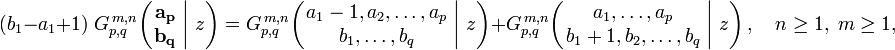 
(b_1 - a_1 + 1) \; G_{p,q}^{\,m,n} \!\left( \left. \begin{matrix} \mathbf{a_p} \\ \mathbf{b_q} \end{matrix} \; \right| \, z \right) =
G_{p,q}^{\,m,n} \!\left( \left. \begin{matrix} a_1-1, a_2, \dots, a_p \\ b_1, \dots, b_q \end{matrix} \; \right| \, z \right) +
G_{p,q}^{\,m,n} \!\left( \left. \begin{matrix} a_1, \dots, a_p \\ b_1+1, b_2, \dots, b_q \end{matrix} \; \right| \, z \right), \quad n \geq 1, \; m \geq 1,
