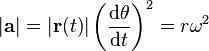 |{\mathbf  {a}}|=|{\mathbf  {r}}(t)|\left({\frac  {{\mathrm  {d}}\theta }{{\mathrm  {d}}t}}\right)^{2}=r{\omega }^{2}\ 